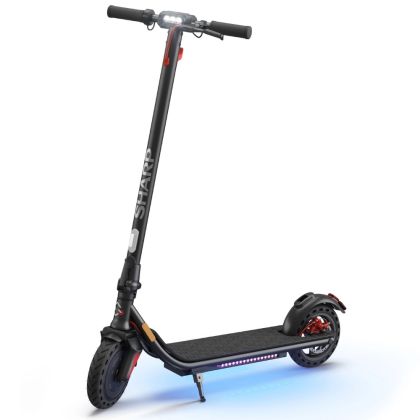 Trotineta electrica Trotineta electrica Sharp, Raza de incarcare: 25 km, Afisaj LED, Port de incarcare USB, Bluetooth, Certificare IPX4, Dimensiunea rotii: 8.5", Sisteme de franare duale, Puntea iluminata din lemn, Sarcina maxima: 120 kg, Negru + Sharp SG