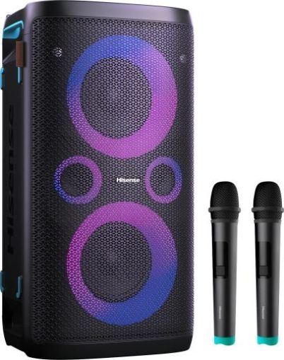 Sistem audio Hisense Party Rocker One Plus (HP110) Difuzor Bluetooth cu putere de 300 W, Woofer încorporat, Mod Karaoke, Pad de încărcare fără fir încorporat, Intrare și ieșire AUX, USB, Baterie de 15 ore 4 x 2500 Ah, 2 microfoane inclus