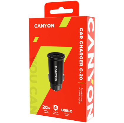 Canyon C-20, PD 20W Pocket size car charger, input: DC12V-24V, output: PD20W, support iPhone12 PD fast charging, Compliant with CE RoHs , Size: 50.6*23.4*23.4, 18g, Black