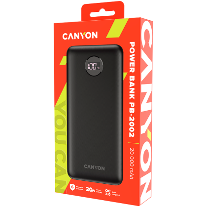 CANYON PB-2002 Power bank 20000mAh baterie Li-poli, intrare tip C 5V3A,9V2A,18W, ieșire tip C: 5V3A,9V2.2A,12V1.5A,20W, ieșire USBA1/USBA2:5V3A,5V/4,5A ,4.5V/5A,9V2A,12V1.5A,22.5W147.5*69*28.6mm, 0.437g, cablu tip C, negru