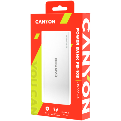 CANYON PB-108, Power bank 10000mAh Li-poli baterie, Intrare 5V/2A, Ieșire 5V/2.1A(Max), 140*68*16mm, 0.230Kg, Alb