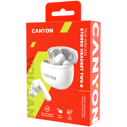 CANYON TWS-8, Casca Bluetooth, cu microfon, cu ENC, BT V5.3 BT V5.3 JL 6976D4, Raspuns in frecventa: 20Hz-20kHz, baterie EarBud 40mAh*2+Carcasa de incarcare 470mAh, lungime cablu tip C 0.24m, Dimensiune: 59*48.8*25.5mm, 0.041kg, alb