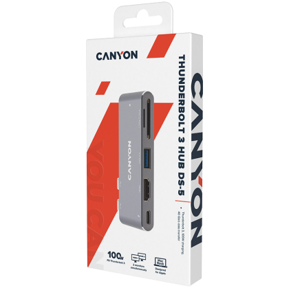 CANYON DS-5, Stație de andocare multiport cu 7 porturi, 1*Tip C PD100W+2*HDMI+1*USB3.0+1*USB2.0+1*SD+1*TF. Intrare 100-240V, ieșire USB-C PD100W&USB-A 5V/1A, aliaj de aluminiu, gri spațial, 104*42*11mm, 0,046 kg (generația B)