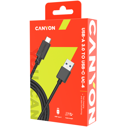 CANYON UC-4, cablu standard USB 3.0 tip C, ieșire putere și date, 5V 3A 15W, OD 4,5 mm, manta PVC, 1,5 m, negru, 0,039 kg