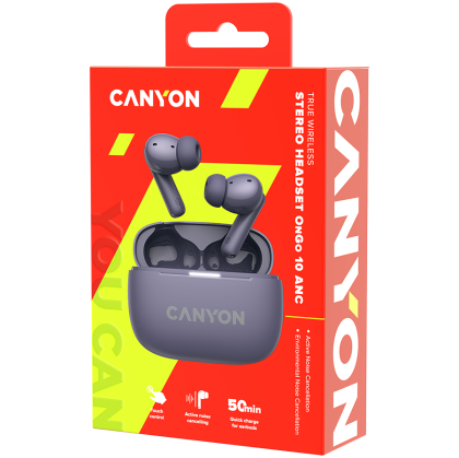 CANYON OnGo TWS-10 ANC+ENC, Bluetooth Headset, microphone, BT v5.3 BT8922F, Frequency Response:20Hz-20kHz, battery Earbud 40mAh*2+Charging case 500mAH, type-C cable length 24cm, size 63.97*47.47*26.5 mm 42.5g, Purple