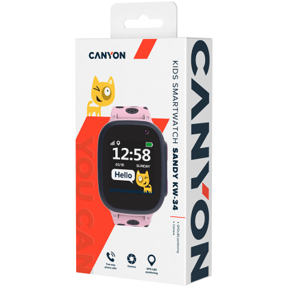 CANYON Sandy KW-34, Kids smartwatch, 1.44 inch colorful screen, GPS function, Nano SIM card, 32+32MB, GSM(850/900/1800/1900MHz), 400mAh battery, compatibility with iOS and android, Pink, host: 52.9 *40.3*14.8mm, strap: 230*20mm, 42g