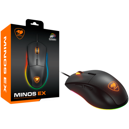 COUGAR Minos EX, Mouse pentru jocuri, Senzor optic pentru jocuri PAW3309, Lightning RGB, 6400 DPI, Rată de polarizare 1000 Hz, 20 M comutatoare pentru jocuri, Lungime cablu 1,8 m, 89 g.