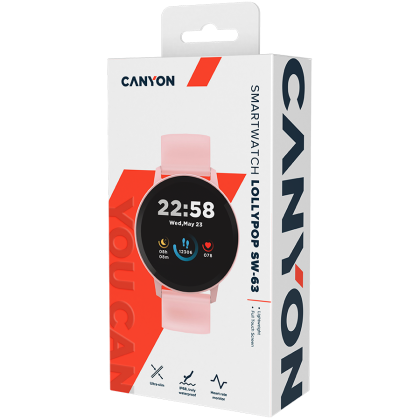 CANYON Lollypop SW-63, Smart watch, 1.3inches IPS full touch screen, Round watch, IP68 waterproof, multi-sport mode, BT5.0, compatibility with iOS and android, Pink, Host: 25.2*42.5*10.7mm, Strap: 20*250mm, 45g