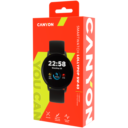 CANYON Lollypop SW-63, Smart watch, 1.3inches IPS full touch screen, Round watch, IP68 waterproof, multi-sport mode, BT5.0, compatibility with iOS and android, black, Host: 25.2*42.5*10.7mm, Strap: 20*250mm, 45g