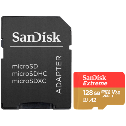 SanDisk Extreme microSDXC 128GB + Adaptor SD + 1 an RescuePRO Deluxe până la 190MB/s & 90MB/s Viteze de citire/scriere A2 C10 V30 UHS-I U3, EAN: 619659188450