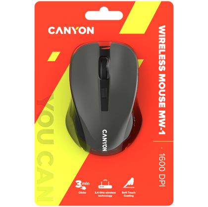 CANYON MW-1, 2.4GHz wireless optical mouse with 4 buttons, DPI 800/1200/1600, Gray, 103.5*69.5*35mm, 0.06kg