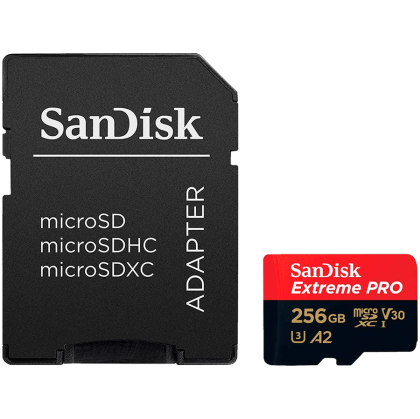 SanDisk Extreme PRO microSDXC 256GB + Adaptor SD + 2 ani RescuePRO Deluxe până la 200MB/s & 140MB/s Viteze de citire/scriere A2 C10 V30 UHS-I U3, EAN: 619659188542