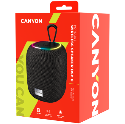 CANYON BSP-8, Bluetooth Speaker, BT V5.2, BLUETRUM AB5362B, TF card support, Type-C USB port, 1800mAh polymer battery, Max Power 10W, Black, cable length 0.50m, 110*110*135mm, 0.57kg