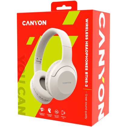 CANYON BTHS-3, casca Bluetooth, cu microfon, BT V5.1 JL6956, baterie 300mAh, mufa de incarcare tip C, material PU, dimensiune:168*190*78mm, cablu incarcare 30cm si cablu audio 100cm, Bej