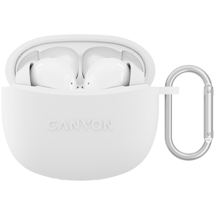 CANYON TWS-5, căști Bluetooth, cu microfon, BT V5.3 JL 6983D4, răspuns în frecvență: 20Hz-20kHz, acumulator EarBud 40mAh*2+Carcasă de încărcare 500mAh, lungime cablu tip C 0.24m, dimensiune: 58.5*52.91*25.51* mm, 0,036 kg, alb