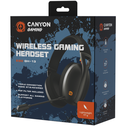 CANYON Ego GH-13, Gaming BT headset, +virtual 7.1 support in 2.4G mode, with chipset BK3288X, BT version 5.2, cable 1.8M, size: 198x184x79mm, Black