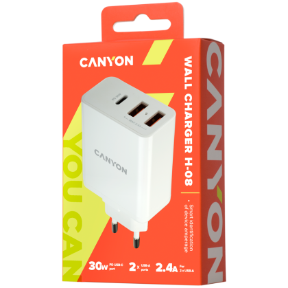 CANYON H-08, încărcător universal 3xUSB AC (în perete) cu protecție la supratensiune (1 USB-C cu încărcător rapid PD), intrare 100V-240V, ieșireUSB-A/5V-2.4A+USB-C/PD30W, cu Smart IC, culoare albă lucioasă + parte din plastic portocaliu a USB, 96,8*52,48*