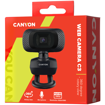 CANYON C3, webcam HD 720P cu USB2.0. conector, lunetă de vizualizare rotativă 360°, 1.0 Mega pixeli, Rezoluție 1280*720, unghi de vizualizare 60°, lungime cablu 2.0m, Negru, 62.2x46.5x57.8mm, 0.074kg