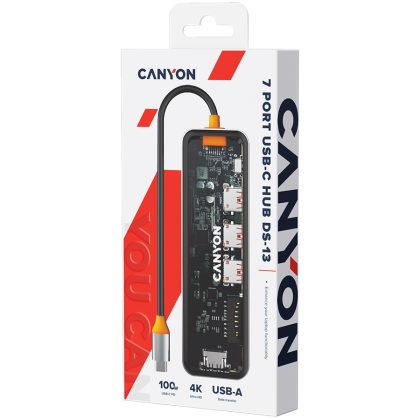 CANYON DS-13, USB-hub, Dimensiune: 137.9mm*42.7mm*15mm Greutate: 167.5gLungime cablu: 155mm Material: Aliaj de zinc+Sticlă temperată+TPE Port: Type-C La USB3.0*3(5Gbps)+SD /TF 3.0(5Gbps)+HDMI(4K@30Hz), gri spațial