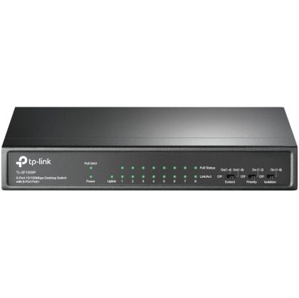 Switch negestionat cu 9 porturi 10/100Mbps cu 8 porturi PoE+, compatibil cu 802.3af/at PoE, buget PoE de 65W, suport pentru modul extindere 250m, modul prioritar și modul izolare, montare pe desktop, plug and play.