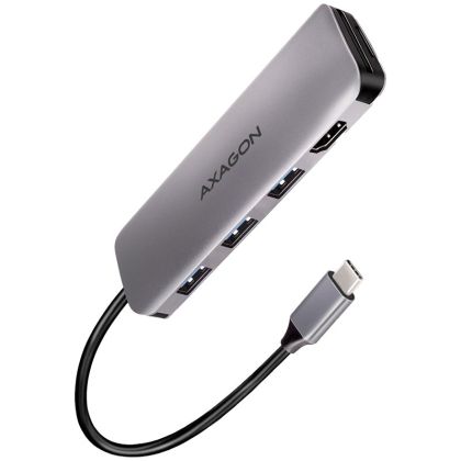 Hub USB 3.2 Gen 1 Axagon cu mai multe porturi. HDMI, cititor de carduri și trei ieșiri USB-A. Cablu USB-C 20 cm.