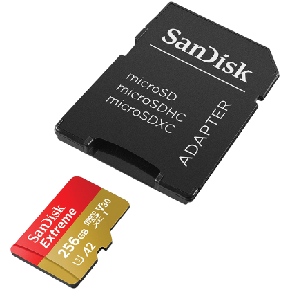 SanDisk Extreme microSDXC 256GB + SD Adapter + 1 year RescuePRO Deluxe up to 190MB/s & 130MB/s Read/Write speeds A2 C10 V30 UHS-I U3