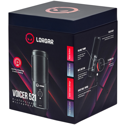 LORGAR Voicer 521, Gaming Microphone, Black, USB condenser mic with Volume Knob, 3.5MM headphonejack, mute button and led indicator, package including 1x F5 Microphone, 1 x 2M type-C USB Cable, 1 xTripod Stand