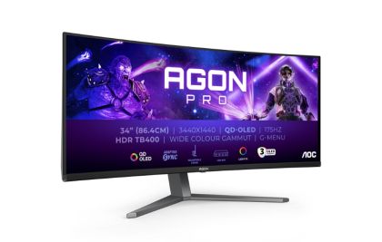 Монитор AOC AG346UCD, 34" Curved 1800R QD-OLED, 3440x1440@175Hz, 0.03msGtG, 1000 cd/m2, 1.5M:1, 80M:1DCR, Adaptive Sync, FlickerFree, Low Blue Light, 8Wx2, Tilt, Height Adjust, Swivel, 2xHDMI, DP, USB hub