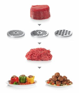 Месомелачка Bosch MFW68660, Meat mincer, ProPower 2200W, 4,3 kg/min, nr. 8, 3 sieves, kebbe attachment, juicer for soft fruits & vegetables, shredder with 4 drums, full inox tray, reverse function