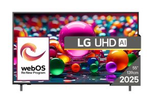 Телевизор LG 55UA75003LA, 55" 4K UltraHD TV 4K (3840x2160), DVB-T2/C/S2, webOS 25 Smart, ThinQ AI, Alpha 7 AI Processor, WiFi, HDR10 pro, HLG, ALLM/HGiG, 4K Upscaling, AI Sound pro, Multiple View, HDMI eARC, LAN, USB, Bluetooth, Google Cast, 2 Pole Stand,