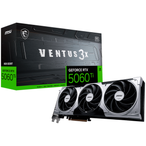 MSI Video Card NVIDIA GeForce RTX 5060 Ti 8G VENTUS 3X OC, 8GB GDDR7, 128-bit, 2617 MHz Boost, 4608 CUDA Cores, PCIe 5.0 (x8), 3x DP 2.1b, HDMI 2.1b, RAY TRACING, Triple Fan, 180W TDP, 8-pin PCIe Power, G-SYNC, 2-Slot, 3Y