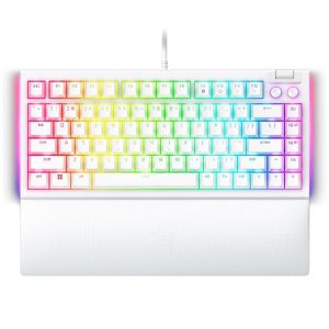 Razer BlackWidow V4 75% alb, tastatură pentru jocuri, aspect SUA, design interschimbabil la cald, aspect compact 75% cu carcasă din aluminiu, comutatoare mecanice (tactile), Razer Chroma RGB, rolă media dedicată cu 2 butoane media dedicate, cablu tip C de