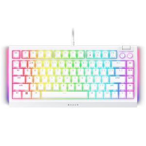 Razer BlackWidow V4 75% alb, tastatură pentru jocuri, aspect SUA, design interschimbabil la cald, aspect compact 75% cu carcasă din aluminiu, comutatoare mecanice (tactile), Razer Chroma RGB, rolă media dedicată cu 2 butoane media dedicate, cablu tip C de