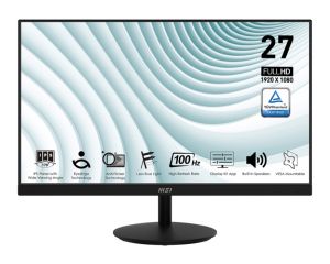 Монитор MSI PRO MP271A, 27", 1ms, 100Hz, IPS, 1920x1080 (FHD), 16:9, FLAT, Display Kit App, Adaptive-Sync, EyesErgo, Less Blue Light, 108% SRGB, AG, 300 nits, 1000:1, DP(1.2a), HDMI 1.4b, VGA, Line-in, Speakers 2x2W, Tilt, VESA, Black, 3.9kg