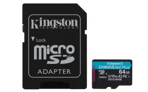 Card de memorie Kingston Canvas Go! Plus microSDXC 64GB, UHS-I, Clasa 10, U3, V30, A2, Adaptor
