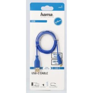 Cablu Hama Flexi-Slim USB-C - USB-A 2.0 tată, 0,75 m, subțire, placat cu aur, albastru