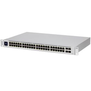 Ubiquiti USW-48-PoE, comutator PoE Layer 2, 32 x GbE PoE+, 16 x porturi GbE, 4 x porturi SFP 1G, Putere PoE totală de 195 W, fără ventilator, răcire silențioasă, protecție ESD/EMP, afișaj LCM cu ecran tactil de 1,3 inchi, montare în rack (Kit inclus)