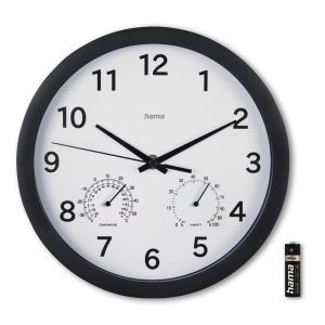 Hama "Malta" Wall Clock, &Oslash; 25 cm, w. Thermometer / Hygrometer, No Ticking, black