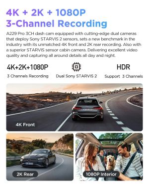 VIOFO Видеорегистратор Dash Cam A229 Pro 3 Channel - 4K, HDR, Dual Sony STARVIS 2, GPS, Bluetooth