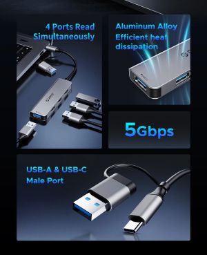 Orico хъб HUB USB-C/A 4 port - USB3.0 x 1, SD/TF x 2, USB2.0 x 2, USB-C x 2, Aluminium - YSA6-U3-GY