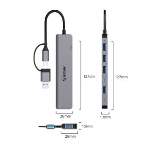 Orico хъб HUB USB-C/USB-A 7 port - USB-C x 2, USB3.0 x 1, USB2.0 x 4, Aluminium - YSA7-U3-GY