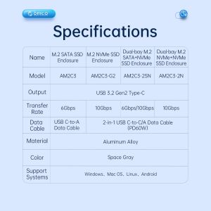 Orico Storage - Case - M.2 NVMe M-key 10 Gbps, Aluminium - AM2C3-G2-GY