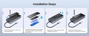 Orico Portable Docking station M.2 SATA/NVMe - HDMI, USB3.2-A x 1, USB-C (10Gbps) x 1,USB-C (PD100W), USB2.0-A x 2, LAN - OM28PR-G2-BK