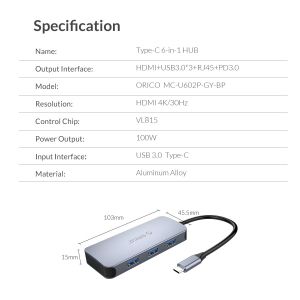 Orico Docking Station Type-C Power Distribution 3.0 100W - LAN, HDMI, Type-C x 1, USB3.0 x 3 -  MC-U602P