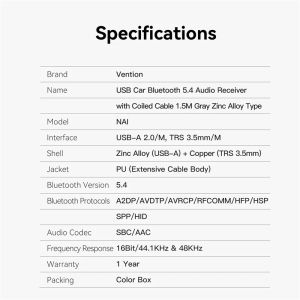 Vention Car Bluetooth 5.4 audio receiver USB, 3.5mm jack - NAIHG