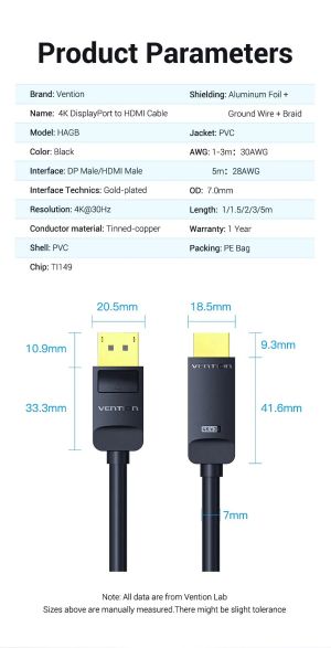 Vention Cable DisplayPort to HDMI 3.0m - 4K, Gold Plated - HFOBI