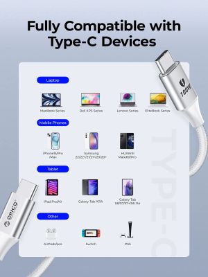 Orico Cable USB C-to-C PD 100W Charging 1.0m Black - CDX-100CC-BK