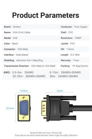 Vention Кабел за монитор Cable VGA HD15 M / M 1.5m Gold Plated, 2 Ferrites - DAEBG