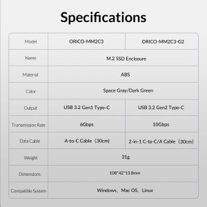 Orico Storage - Case - M.2 NVMe M-key 10 Gbps Dark Green - MM2C3-G2-GR