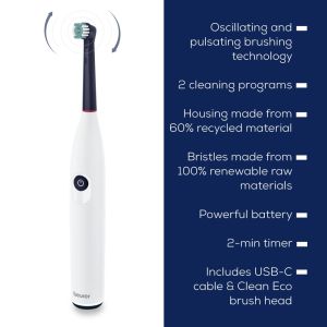 Electric toothbrush Beurer TB 15 Electric toothbrush; 2 cleaning programs; 12 days Battery life; 2-minute timer; Oscillating, pulsating, brushing technology; Incl. USB-C charging cable and Clean Eco brush head; white